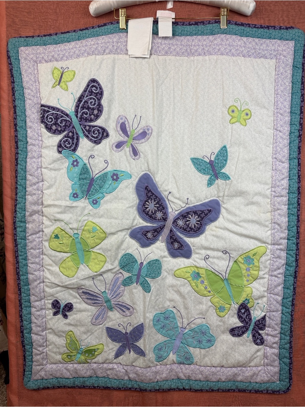 NoJo Butterfly Baby Quilt Purple  🦋 Appliqué Blanket Crafts VTG  embroidered